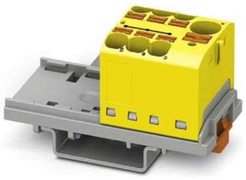 PHOENIX CONTACT PTFIX 10/6X4-NS35 YE Verteilerblock, 800 V, 63 A, Anzahl der Anschlüsse 7, Querschnitt 0,2 mm²-6 mm², AWG 24-10, Breite 28,6 mm, Gelb, 8 Stück