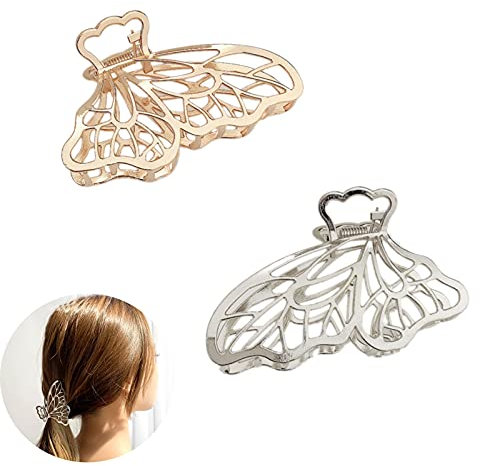 Lot de 2 pinces à cheveux papillon en métal avec mâchoire creuse pour femmes et filles (argent et or)