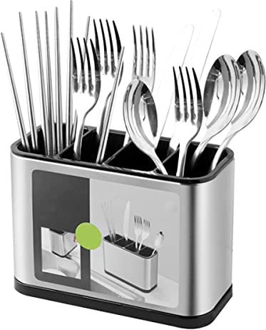 Kitchen Cutlery Holder Stainless Steel Large Capacity Utensil Holder with Divider Weighted Base for No Tipping for All Kitchens Countertop or Table,18x13x8.6cm