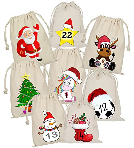 Adventskalender zum Befüllen, Weihnachtsbaum, Buntgemischt & nummeriert Mix, 24 Stoffbeutel, Bedruckt, Weihnachten Geschenksäckchen, DIY Adventskalender Säckchen, Selber Befüllen, Weihnachtskalender