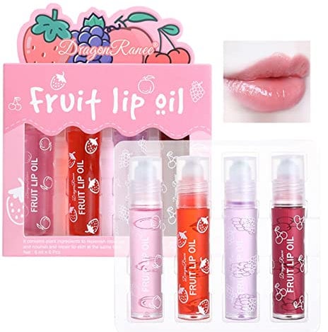 4 Pcs Fruit Lip Oil Set Lip Gloss Crystal Jelly Liquid Lipstick, Set Moisturizing Hydrating Non-Stick cup Long Lasting Lip Kit for Women and Girls (Lip Oil, 4Pcs)