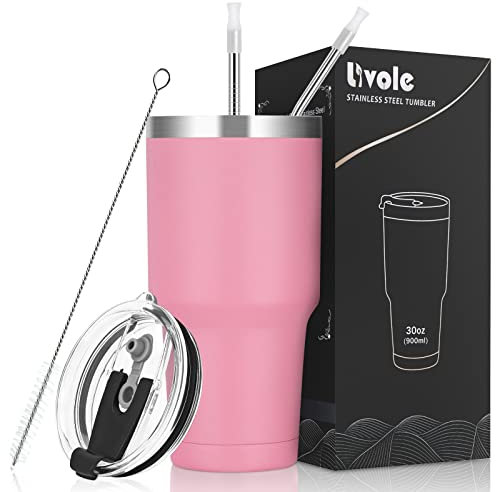 Livole 30oz 900ml Trinkbecher für Männer, Frauen, Thermobecher Kaffee to go, Camping Tasse, Doppelwandiger Edelstahl Becher mit Strohhalm, Isolierter Vakuum Kaffeebecher, Reisebecher, Rosa
