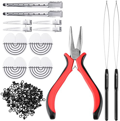 Hair Extensions Tools Kit, 200 pcs Hair Extension Silicone Nano Beads Rings 1 Pc Hair Extension Pliers 2 Pcs Pulling Needle Loop Needle Threader and Hair Clip for Hair Extensions