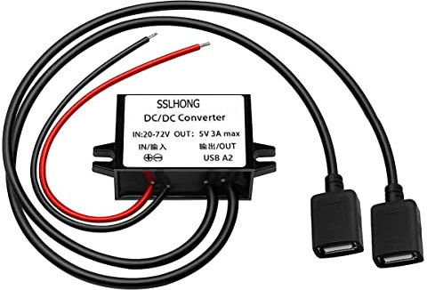 SSLHONG DC DC 20–72 V auf 5 V USB-Konverter 12 V 24 V 36 V 48 V 60 V auf 5 V 3 A 15 W mit Doppel-USB-A-Ausgang Netzadapter Konverter Spannungsabwärtsregler, Abwärtsmodul, wasserdichter Transformator