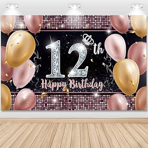 Benutzerdefinierte Happy 12th Birthday Party Hintergrund Banner 12 Jahre alt Hintergrund für Mädchen Pography Rosa Rose Gold Glitzer Pailletten Po