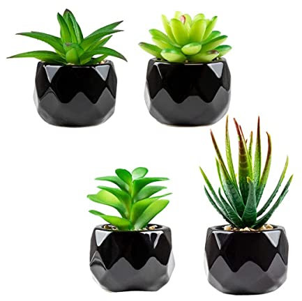Lot de 4 petites plantes grasses artificielles en pot en céramique noire pour rebord de fenêtre, bureau, table, maison, salle de bain, salon