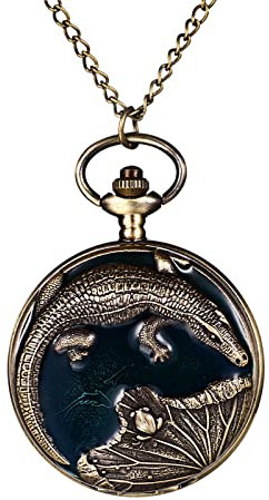 JewelryWe Taschenuhr Herren Vintage Krokodil Alligator Frosch Kettenuhr mit Arabischen Ziffern Retro Analog Quarz Uhr Anhänger mit Halskette Kette für Damen Männer Bronze