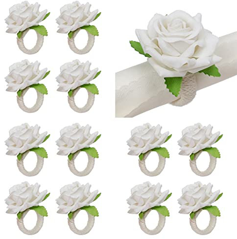 12 Stück künstliche Rosen Serviettenringe elegante Blumen Tischdekoration handgefertigte Serviettenschlaufe Serviettenhalter Ringe für Hochzeit Abendessen Party Dekoration