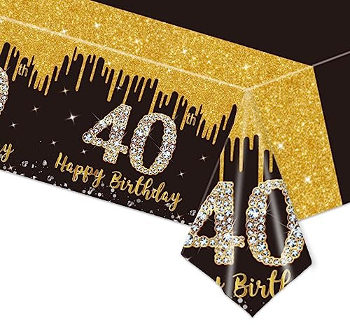 137x274cm Tischdecken 40. Geburtstag,Schwarz Gold 40. Geburtstagsfeier Tischdecke,Happy 40th Birthday Tischdecke Abwischbar Kunststoff Rechteckige Tischdecke für Mann Frauen Geburtstag Party Dekor