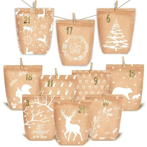KOHMUI Adventskalender zum Befüllen, 24 Weihnachtskalender Papiertüten zum Selber Basteln, DIY Geschenktüten zum selbst füllen, Kraftpapiertüten Advents Tüten Selbstbefüllen für Kinder & Erwachsene