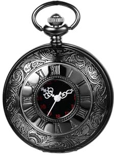 JewelryWe Taschenuhr Herren Römische Ziffern - Schwarz Vintage 12/24H Römische Zahlen Kettenuhr Analog Quarz Uhr Anhänger mit Halskette Kette Pocket Watch Geschenk für Männer