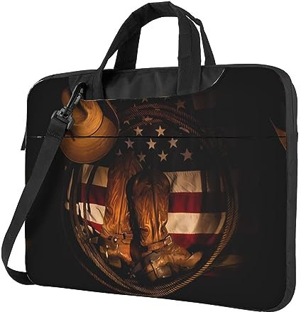 Bandiera americana con stivali da cowboy, borsa impermeabile ultra sottile per computer portatile con tracolla e maniglia per viaggi di lavoro quotidiani, Nero , 15.6 inch