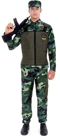 Partilandia Disfraz de Militar verde Camuflado con Gorra para adulto Talla L