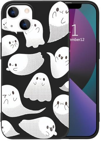 MAYCARI Funny Ghost Phone Case for iPhone 14, Black Liquid Silicone Girly Cases, Cartoon Soft Gel Rubber Full-Body Protective Microfiber Lining Shockproof Cover for Boys, Women, Men