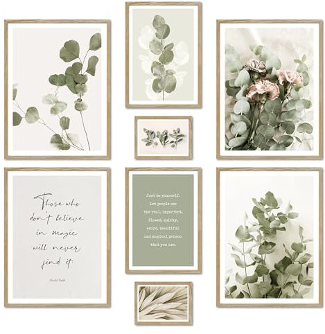 ARTFAVES® Poster Set - EUCALYPTUS - mehrteilige Wanddeko Wohnzimmer & Schlafzimmer - 8 moderne Wandbilder Eukalyptus, Pflanzen, grün, natur, Boho - mit Rahmen Eiche