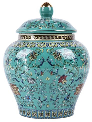 Handgefertigte Emaille-Ingwer-Vase, lebendige Farben, blaue und weiße Porzellan-Keramik, dekoratives Glas mit Deckel für Heimdekoration und Aufbewahrung (allgemeines Grün)