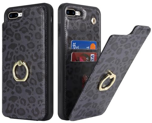 SailorTech für iPhone 7 Plus/8 Plus Handyhülle mit Kreditkartenhalter für Frauen, iPhone 7 Plus/8 Plus Hülle Ring-Ständer Kartenschlitze Standfunktion Modische Tasche für Männer - Schwarzer Leopard