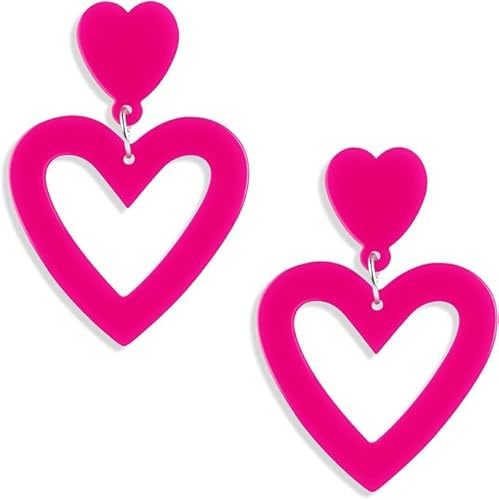Rosa Neon Ohrringe Damen Herz Ohrringe Acryl Creolen Vintage 80er Party Ohrringe Mädchen Herz Creolen Halloween Weihnachten Kostüm Party Ohrringe 70er 80er 90er Party Zubehör Schmuck, Sterling Silber