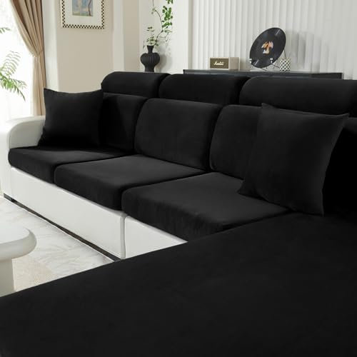 CYCMACO Samt Sitzkissenbezug, Stretch Sofa Sitzkissenbezug rutschfest, Universal Sofa Überzug Wohnzimmer, Elastischer Kissenbezüge, Waschbare(2-Sitzer, Schwarz)