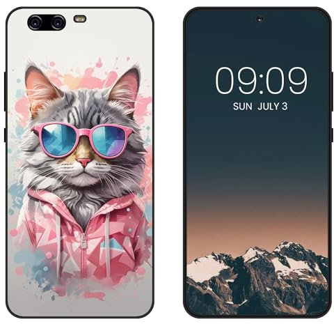 WUACYEAMING für Huawei P10 Hülle,Mode Schutzhülle Schwarz Handyhülle mit Aesthetic Muster Weich Silikon Dünn TPU Stoßfeste Kratzfest Schutzhülle Cover-Katze