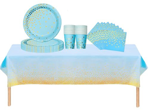 53PCS Blue and Golden Dot Party Tableware Decorations for Birthday,Disposable Party Tableware Set Dot Table Cloth Paper Plates 7inch,Cups,Napkins,for Birthday Wedding Dinnerware