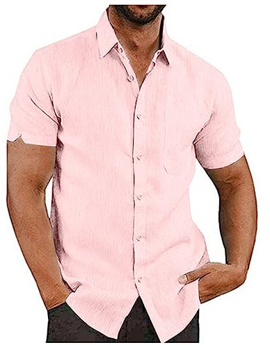 Chemisette Homme Manche Courte Chemise Homme Lin Manches Courtes Ete Slim Fit Fete des Peres Infroissable Papa Cadeau Homme Grande Taille Rose 4XL