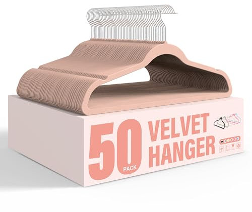 Simple Deluxe Samt-Kleiderbügel, rutschfest, mit Schulterkerben, 360° drehbarer Haken, robuste Kleiderbügel, Kleiderbügel, Kleiderbügel, platzsparend, Rosa, 50 Stück