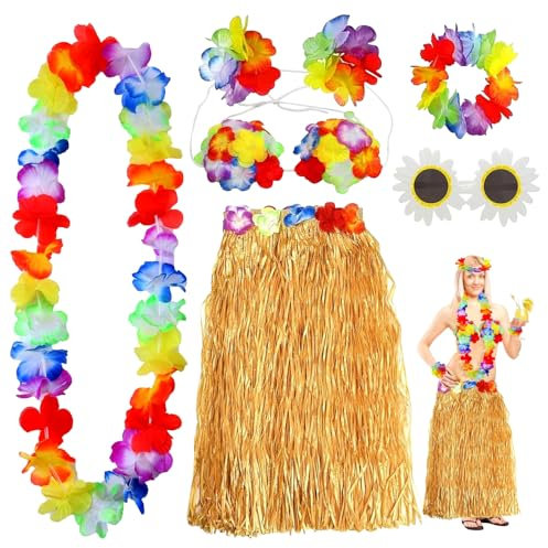 DTXYBC 7 Stück Hawaii Party Kostüm Set, Hawaiian Gras Rock Sets mit Halskette Armbänder Stirnband Blume BH und Ananas Sonnenbrille für Beachparty Deko Cheerleading Ostern
