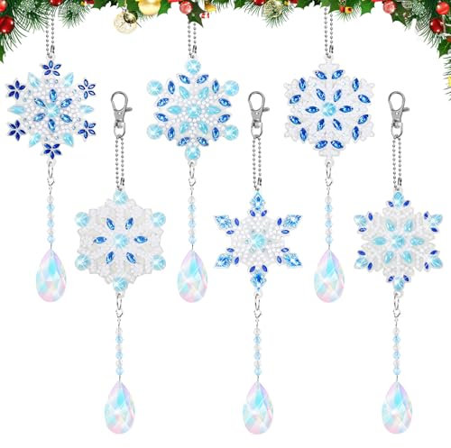 MONCAP 6 Stück Schneeflocken Diamond Painting Schlüsselanhänger Winter Anhänger Bastelset für Erwachsene Weihnachten Hängend Deko