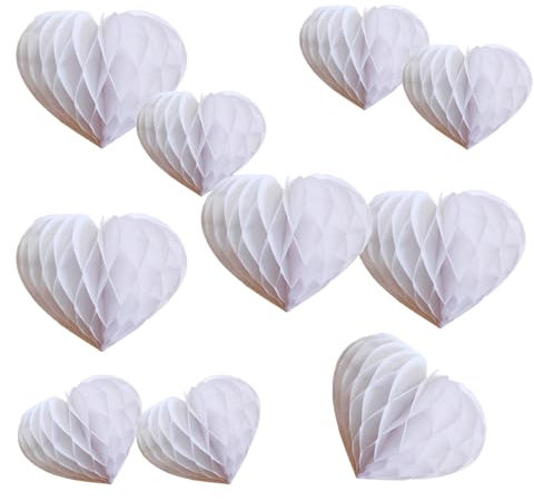 YLY's love Herzförmige Papier Wabenball Dekoration 10er Honeycomb Balls zum Aufhängen Seidenpapier schöne Dekor für Geburtstag Hochzeitsfest Babyshower Party Brautduschen (Weiß)