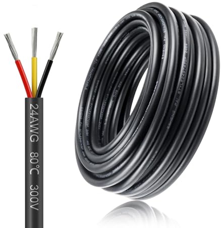 24AWG 3x0,2mm² 10Meter Elektrokabel 3-adrig Kabel, 5V/12V/24V Erdkabel verzinnte Kupferkabel, 300V flexibel und weich Stromkabel hohe Temperaturbeständigkeit Verlängerungskabel 10m