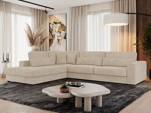 MKS MEBLE Ecksofa Sofa L-Form Beige Cord, Wohnlandschaft L-Form, Couch L Form, Sofagarnitur Couchgarnitur Polsterecke, Breite: 316 cm - Savona L - Beige Cord - Links