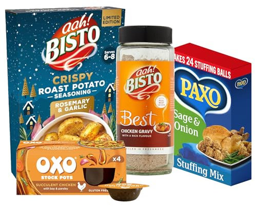 Bisto Best Chicken Roast Dinner Bundle - 1 x Bisto Best Chicken Gravy Granules, 1 x Bisto Crispy Roast Potato Seasoning, 4 x OXO Succulent Chicken Stock Pots, 8 x Paxo Sage and Onion Stuffing Mixes