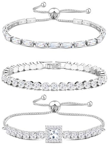 JeweBella 3 Stück Tennis Armband Damen Gold Silber Zirkonia Verstellbarer Armbänder Glitzer Armband Stapel Tennisarmband Set