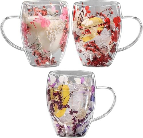 3 Stück Kaffeetassen Mit Getrockneten Blumen | 350ml Kaffeegläser | Latte Macchiato Gläser | Kaffeeglas Teegläser für Cappuccino, Tee, Milch, Bier