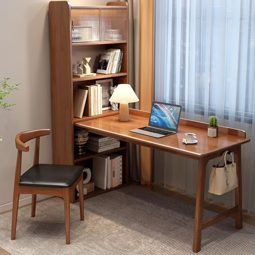 Escritorio moderno para computadora de oficina en casa con estantería y puerta de cristal, estación de trabajo de estudio, escritorio esquinero de madera maciza con estantes abiertos