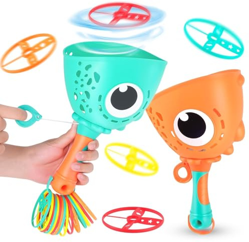 Muyohix Outdoor Spielzeug Kinder Ab 3-10 Jahre, 2 Packs Double Pull String Dinosaurier Propeller Spielzeug, 24 Discs Fliegende Untertasse Launcher Spiel-Zeug, Gartenspielzeug für Kinder ab 4-8 Jahre