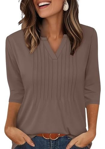 XIEERDUO Ladies Tops 3/4 Sleeve T Shirts for Women V Neck Womens Blouses Pleated Long Sleeve Tunic Beige Size 26-28