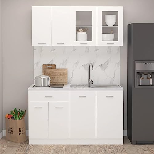 Massbinet 4-TLG. Küchenzeile Lyon Weiß Holzwerkstoff Sideboard Breit Küchenschrank mit Arbeitsplatte