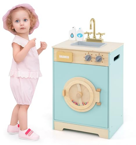 Costzon Kids Washer Playset, Toy Washing Machine w/Laundry Detergent & Hand Sanitizer, Wooden Laundry Kitchen Set w/Sink, Drawer & Rotating Wheel, Pretend Play Kitchen for Boys & Girls 3+ Years Old