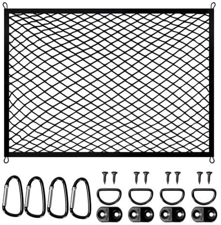 Gepäcknetz Elastisches Kofferraumnetz Heckklappennetz 80 x 60 cm Autogepäcknetz mit 4 Haken, 4 Stahlkarabinerhaken und 4 Zugschlaufen Passend für die Meisten Automodelle