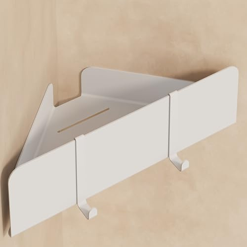 Dolvhin Duschablage ohne Bohren Ecke | Edelstahl Eckregal Dusche | Duschregal Ecke mit Ablaufrillen | Eck-Duschkorb zum Kleben | Badregal Selbstklebend | Bad Wandregal & 2 Haken | Weiß Matt