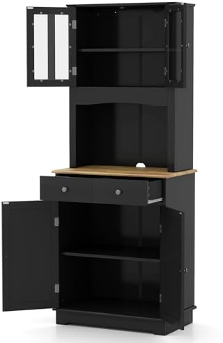 TANGZON Tall Kitchen Cupboard, 4-Door Wooden Storage Sideboard with Adjustable Shelves, Rubber Wood Countertop & Drawers, Freestanding Pantry Cabinet Organiser for Dining Living Room (Black)