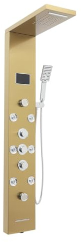 6 in 1 LED Duschpaneel, Duschpaneele Duschsystem aus 304 Edelstahl, Intelligentes Duschpaneel mit LED-Anzeige, 8 Massagedusche, Handbrause, Wanneneinlauf (Gold)