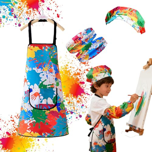 Ptyism Grembiuli per Pittura Bambini(Con cappello e coprisleeves) Grembiule Pittura Bambini丨Grembiule Pittura Bambino per Dipingere, Cucinare, Mangiare, Fare Iavori Manuali, Modellare l'argilla