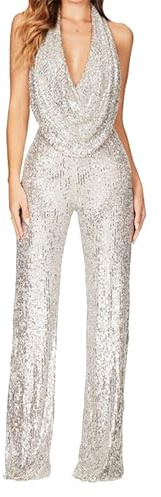 EFOFEI Damen V-Ausschnitt Glitzer Jumpsuits Glänzende Glitzer Ball Overalls Lange Hosen Party Clubwear