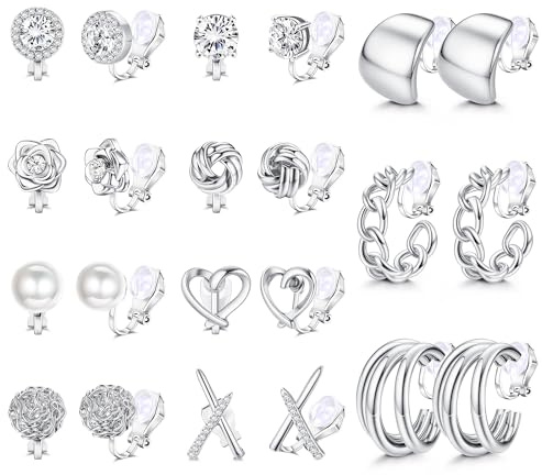 Roheafer 11 Paar Clip Ohrringe Damen Hypoallergen Ohrclips Ohne Ohrlöcher | 14K Vergoldet Ohrclips Ohne Ohrlöcher mit Chunky Creolen Strass Knoten Blume Perlen Statement Klipp Ohrringe Fake Ohrring Set