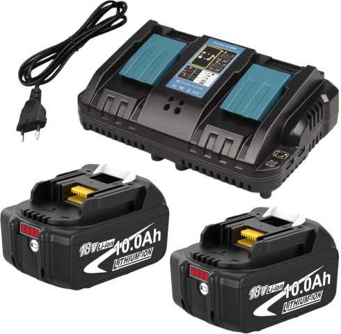 2Packs 18V 10.0 Ah Batteries pour Makita 18V LXT + DC18RD Double Chargeur | Haute Capacité 10.0Ah, Indicateur LED de Charge, Compatible BL1860B BL1850B BL1840B BL1830B BL1820, Adapté Outils 18V LXT