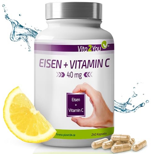 Vita2You Eisen + Vitamin C 40mg - 240 Kapseln - Eisenbisglycinat - Acerola Extrakt - Hochdosiert - Premium Qualität - Made in Germany