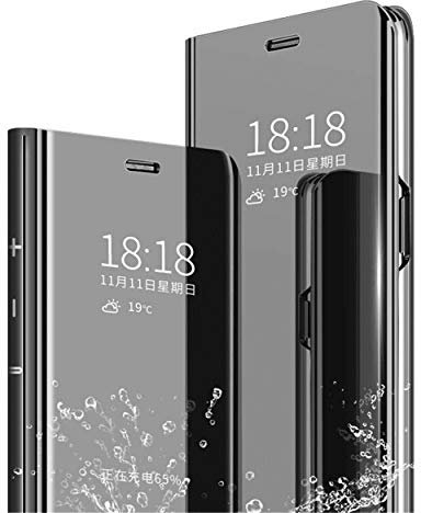 MLOTECH Smart Handyhülle für Huawei P20 PRO Hülle und Gehärtetes Glas schutzfolie Flip Transluzent View Miroir Spiegel Standfunktion Cover -Schwarz